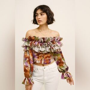 Prettylittlething Mint Ruffle hem off the shoulder long sleeve top sz 6